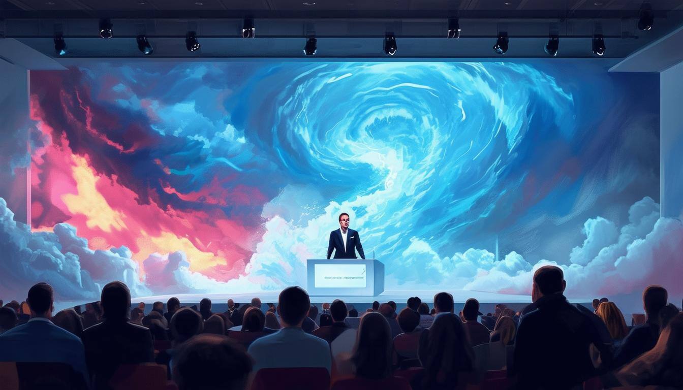 create a picture of a Storm at a conference, with a speaker on a stage and people in front of it