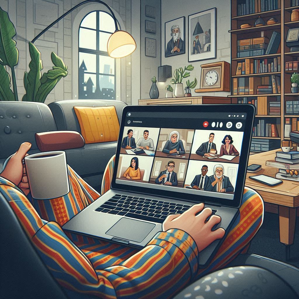 Digitale Kunst einer Person, die zu Hause im Pyjama an einer Online-Konferenz auf einem Laptop teiln